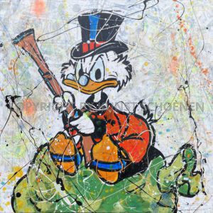 Kunsthandlung Kunst Schoenen Aachen Galerie Kunstgalerie NRW Deutschland Art Kunst Mixed Media Comichelden Comic Comic Gemaelde Unikat Original Antonio Di Monte Maler Zeichner Kuenstler Dagobert Duck mit Knarre Geldsack Geld