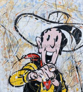 Kunsthandlung Kunst Schoenen Aachen Galerie Kunstgalerie NRW Deutschland Art Kunst Mixed Media Comichelden Comic Comic Gemaelde Unikat Original Antonio Di Monte Maler Zeichner Kuenstler Lucky Luke zieht schneller als sein Schatten Cowboy Wilder Westen