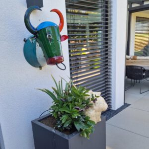 Recycling Upcycling Kunst Kunstwerk Metall fuer den Garten Outdoor Tier Tiere Trophaee Kopf Tierkopf